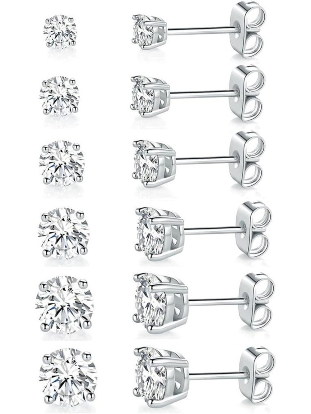 18K White Gold Plated Round CZ Stud Earrings Set - 6 Pairs, Sparkling Jewelry